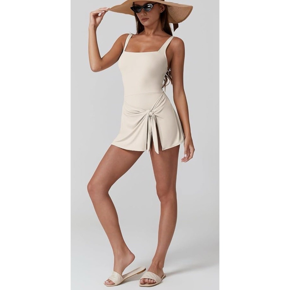 Sleeveless Square-Neck One-Piece Swimsuit with Side Tie in Cream - Picture 6 of 9